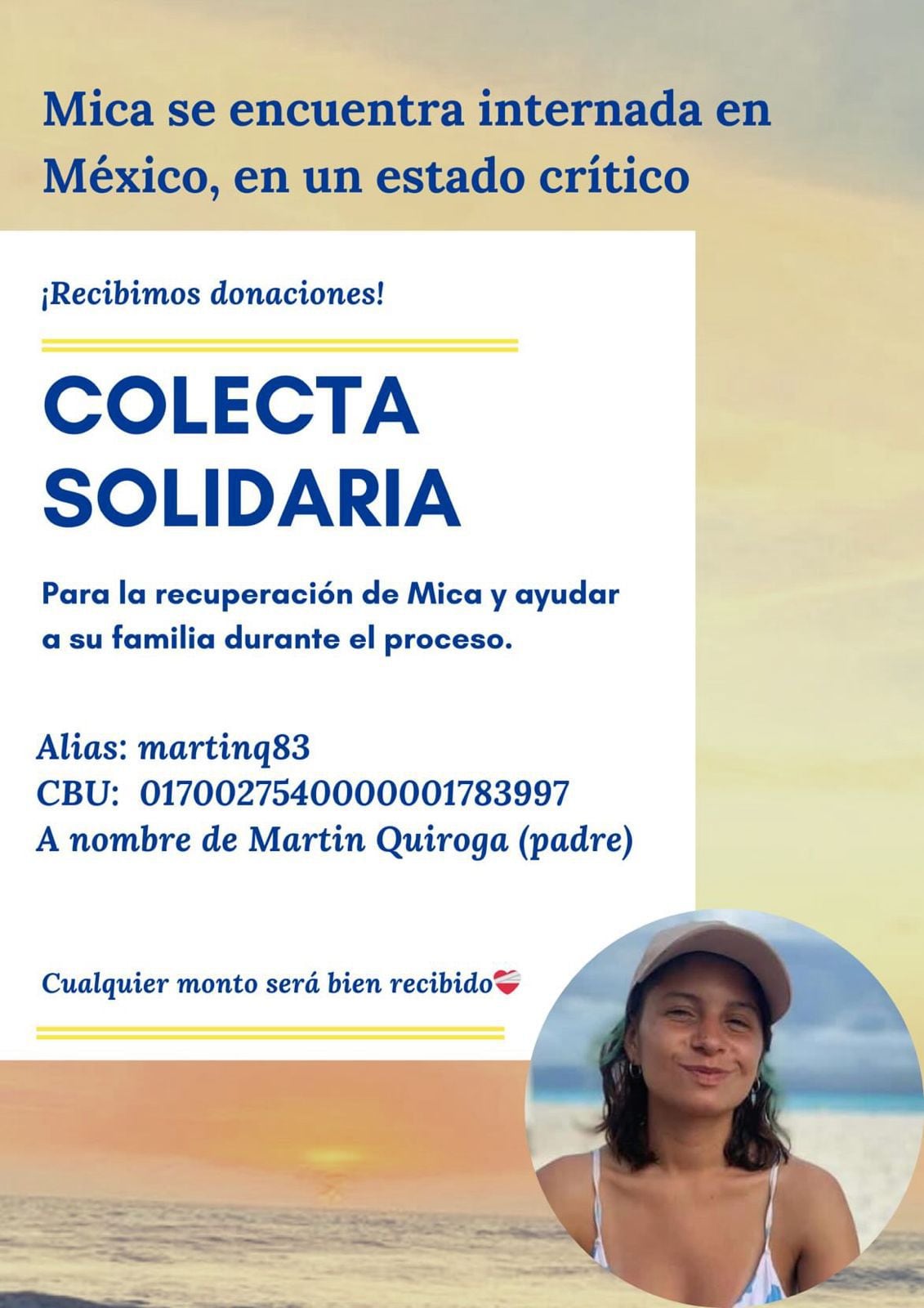 El flyer para ayudar a la familia de Micaela a costear los gastos médicos