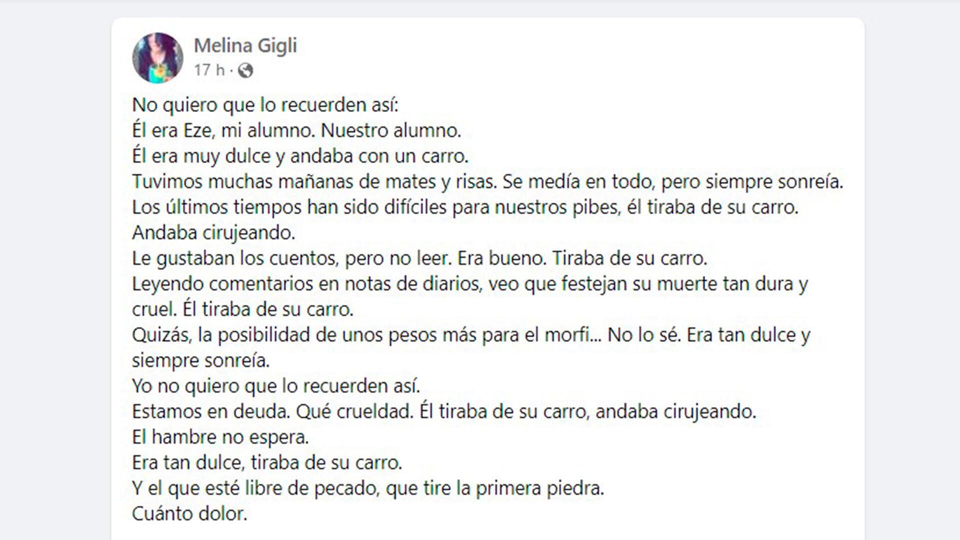 mensaje de melina gigli, docente del joven que murió electrocutado por robar cables en Rosario