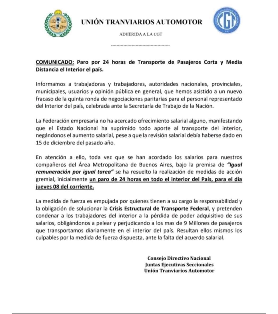 Comunicado de la UTA