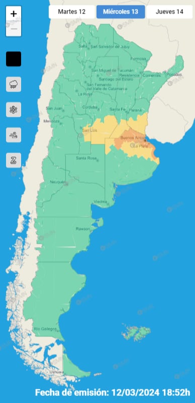 Último mapa de alertas emitido por el SMN