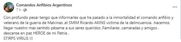 Mensaje del Comando Anfibios sobre la muerte de Ricardo Akins