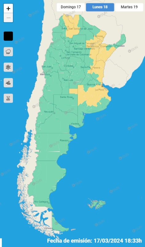 Mapa de alerta amarilla por tormentas (SMN)