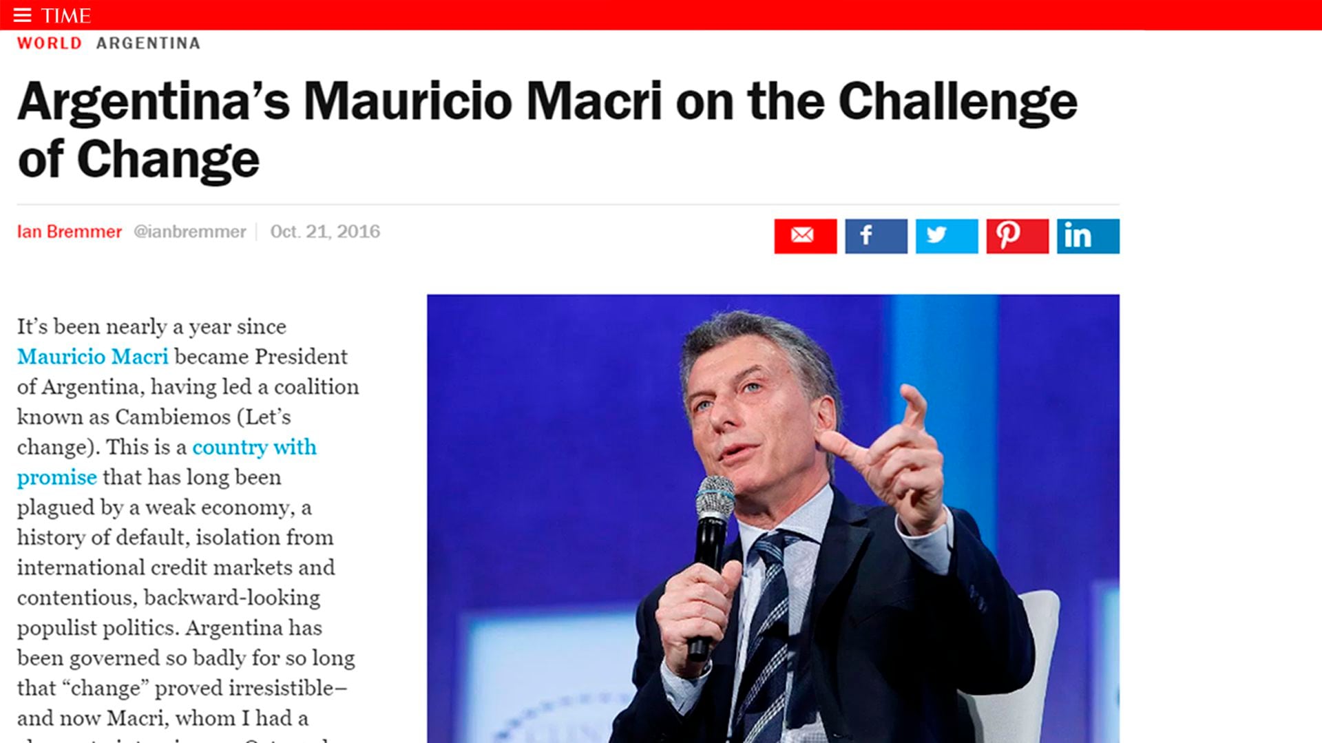 Mauricio Macri fue dentro de su lista 100 personas más influyentes en los años 2016 y 2018.