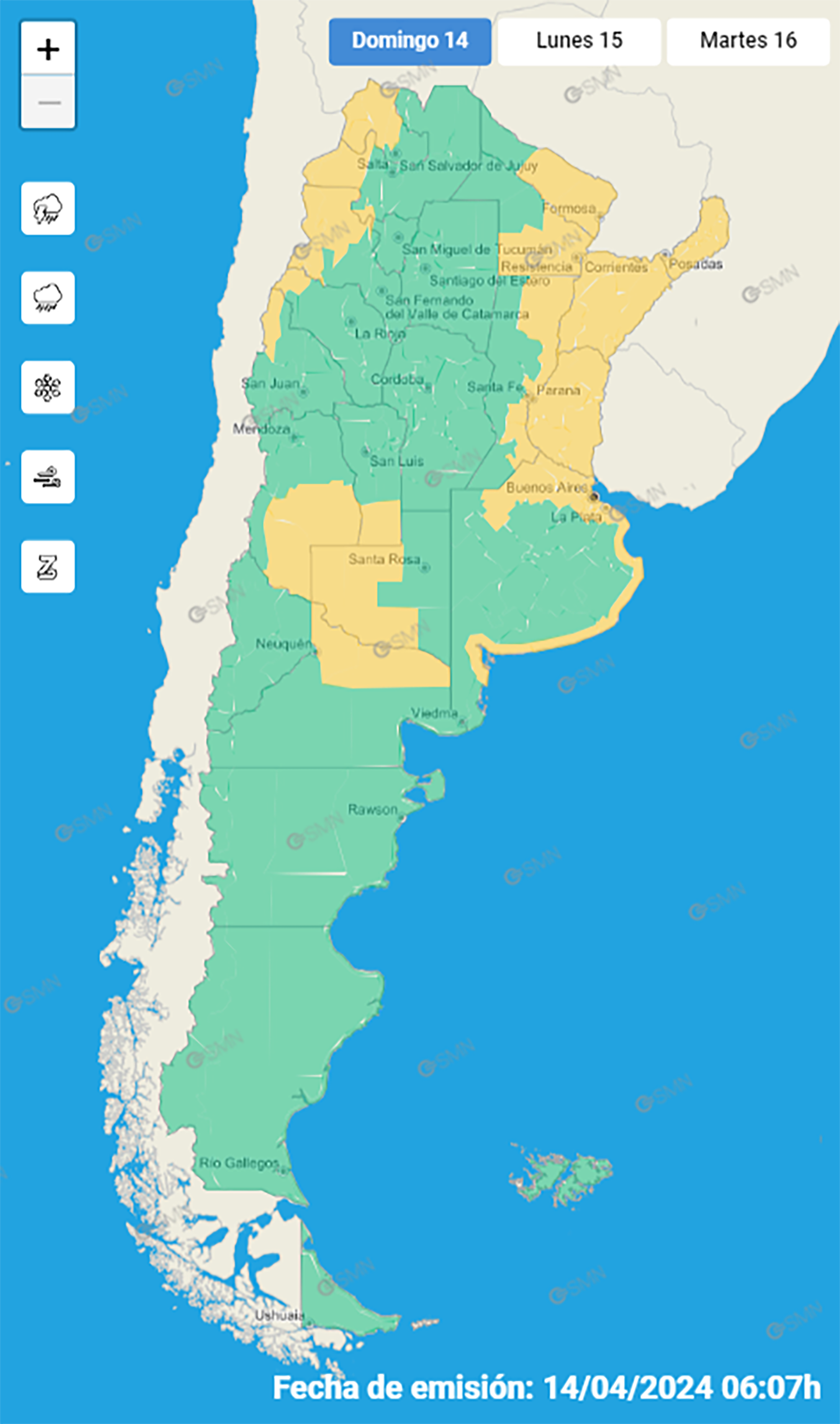 Mapa SMN - Alertas por tormentas en distintos puntos del país para este domingo 14 de abril