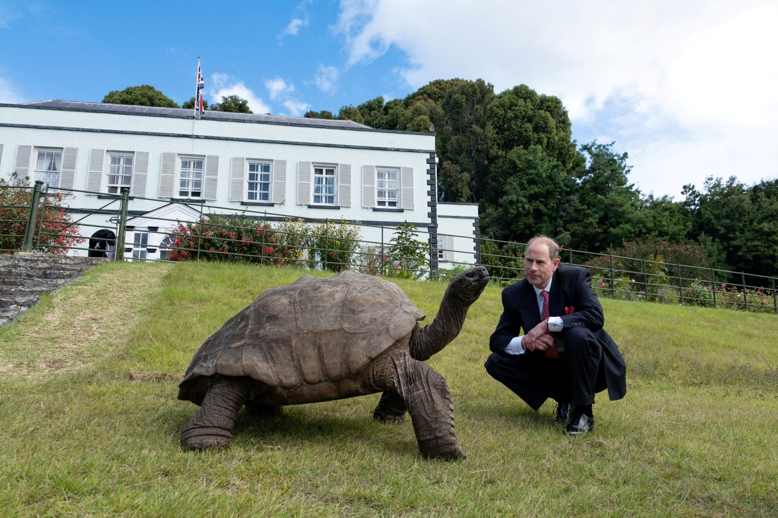 El príncipe Eduardo, de Gales, visitó a la tortuga Jonathan, en el año 2019. Fue el primer miembro de la Familia Real en viajar a la isla desde que el viaje de la Princesa Ana en 2002 (Reuters)