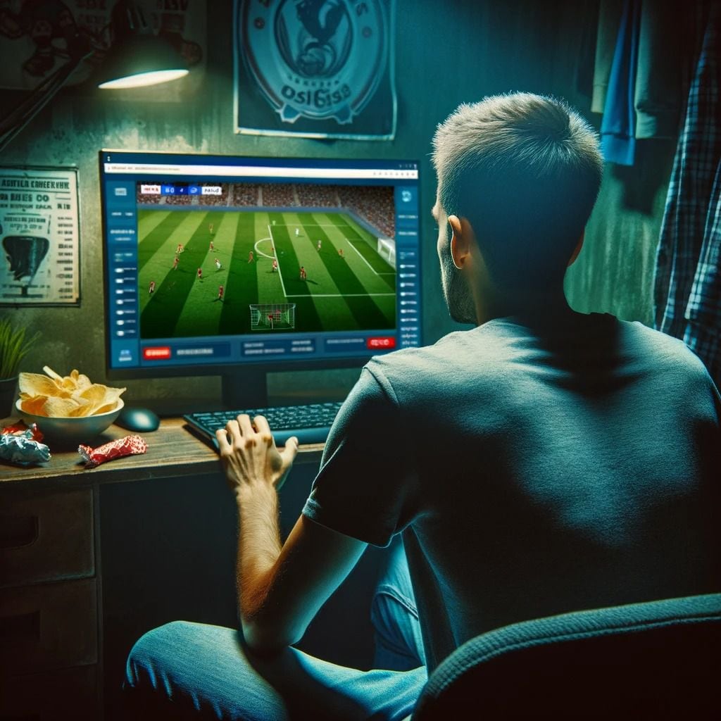 Un hombre de espaldas mirando un partido de futbol en una página web pirata