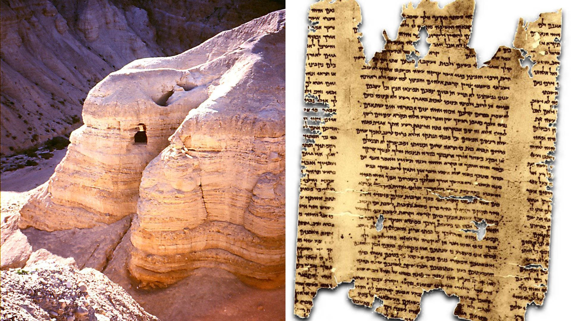 Qumran, las cuevas del hallazgo y un fragmento de los manuscritos