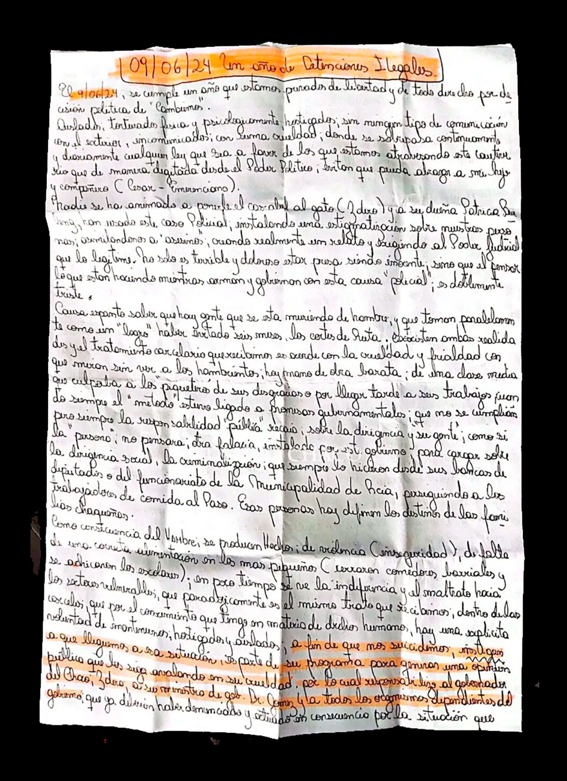 La carta de Marcela Acuña desde la cárcel en Chaco