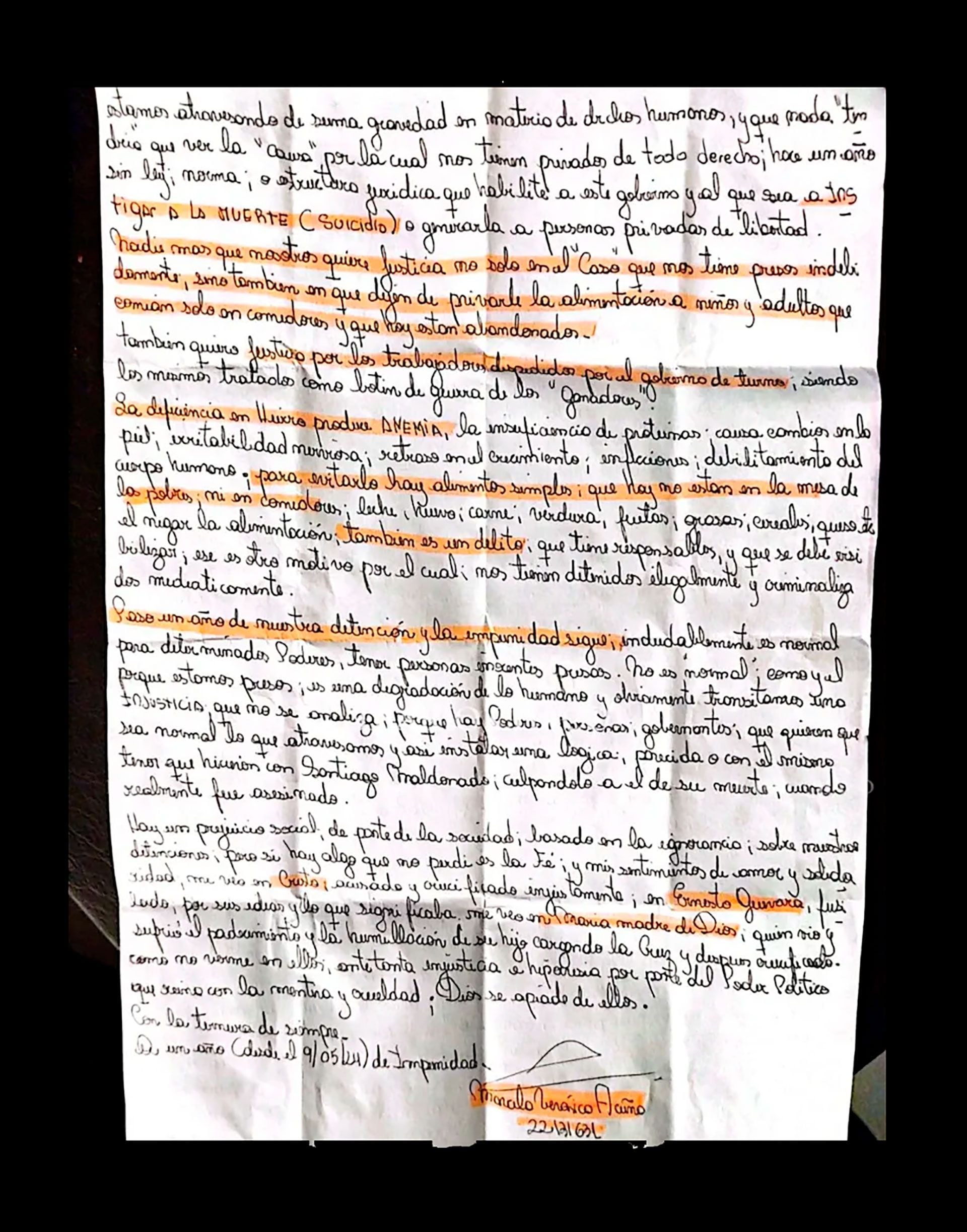 La carta de Marcela Acuña desde la cárcel en Chaco