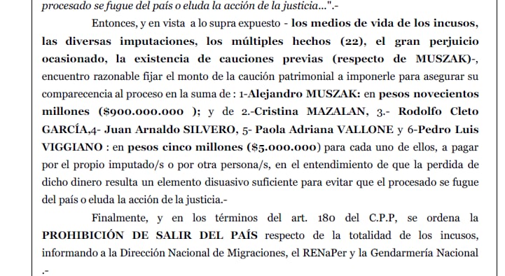 Parte de la decisión de la jueza Mentasty que impuso a Muszak la fianza de $900 millones