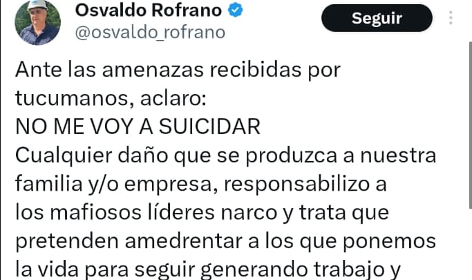 El tuit publicado por Rofrano antes de su muerte