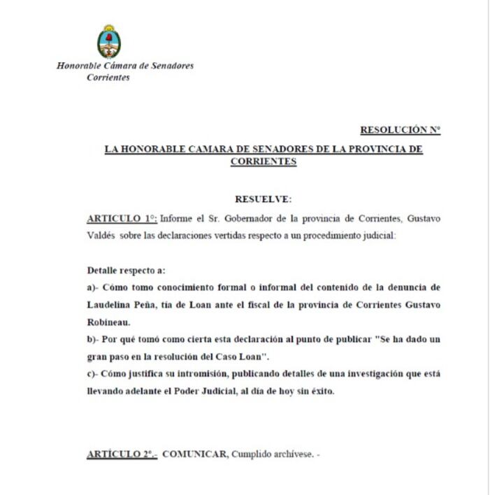 resolución del senado de corrientes citando al gobernador Valdes por el caso loan