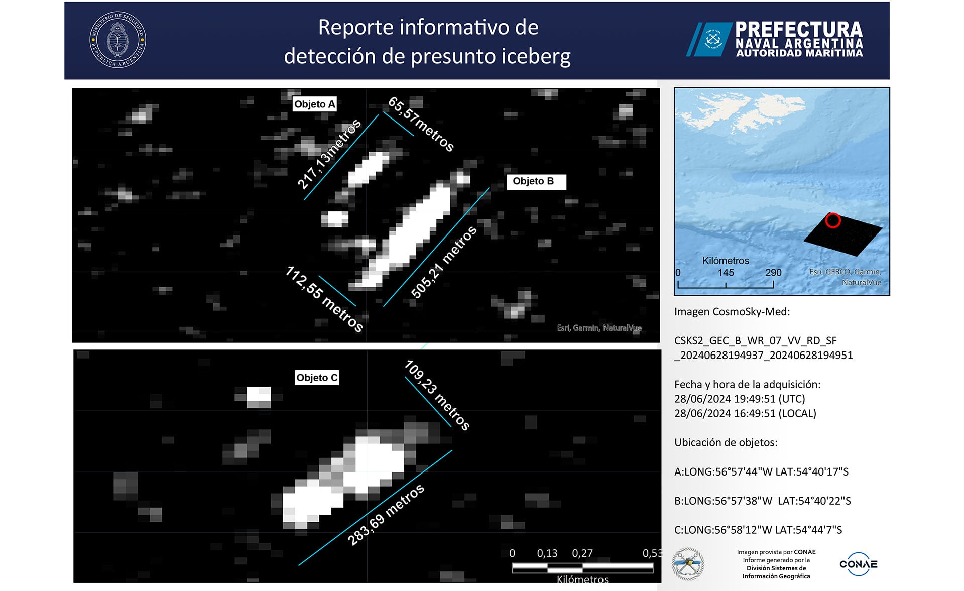 Mapas Prefectura - Ubicación de icebergs detectados cerca de la costa de Ushuaia