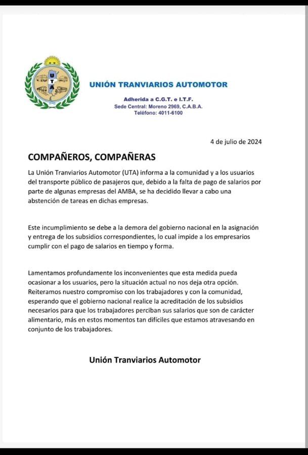 paro de colectivos en el AMBA comunicado de la UTA