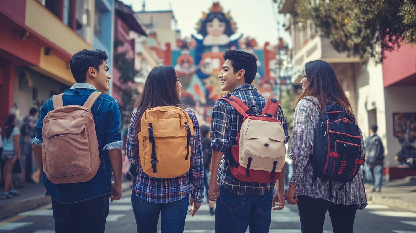 Imagen de adolescentes felices con mochilas, caminando hacia la escuela. Otras opciones: grupo de amigos, estudiantes alegres, regreso a clases. - (Imagen Ilustrativa Infobae)