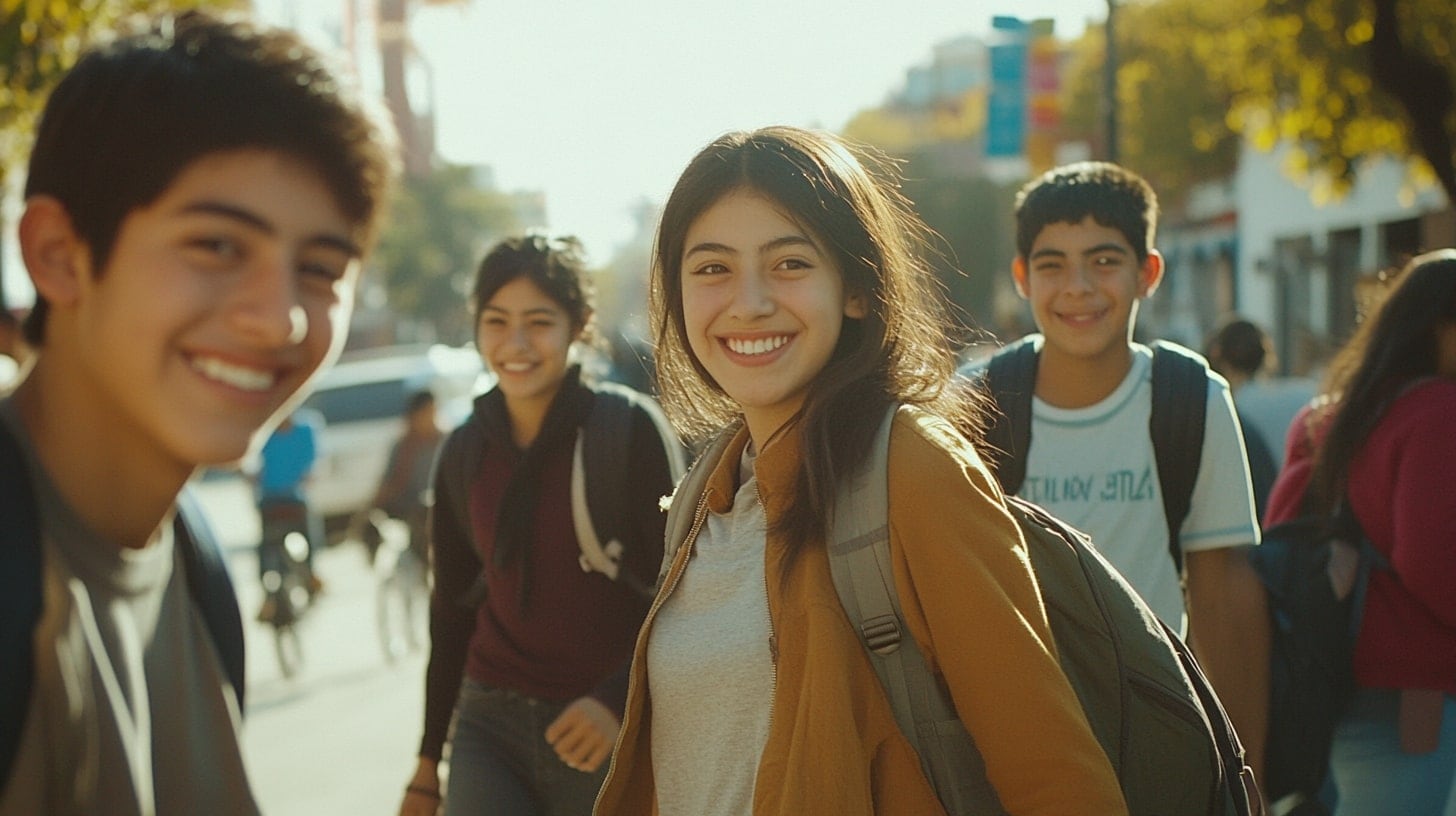 Imagen de adolescentes felices con mochilas, caminando hacia la escuela. Otras opciones: grupo de amigos, estudiantes alegres, regreso a clases. - (Imagen Ilustrativa Infobae)