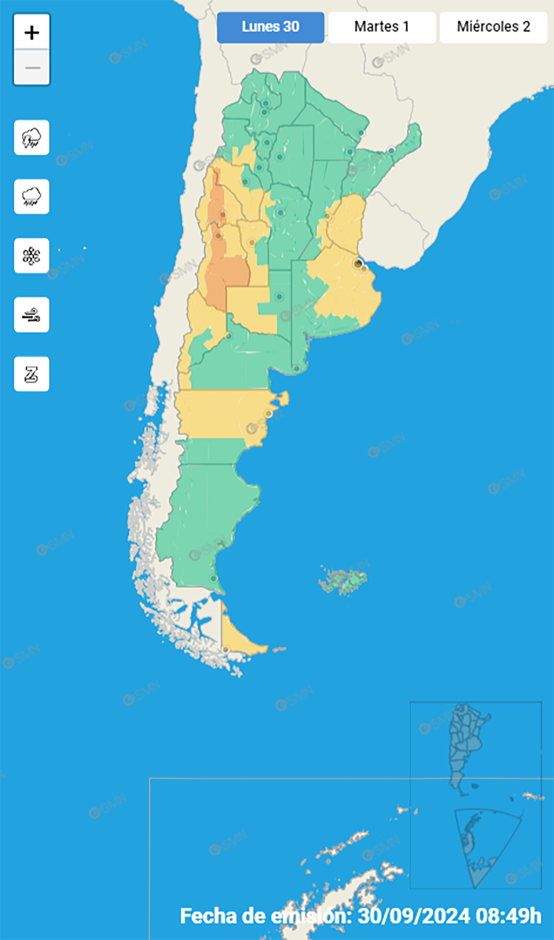 Mapa SMN - Alerta amarilla por tormentas en CABA y la provincia de Buenos Aires