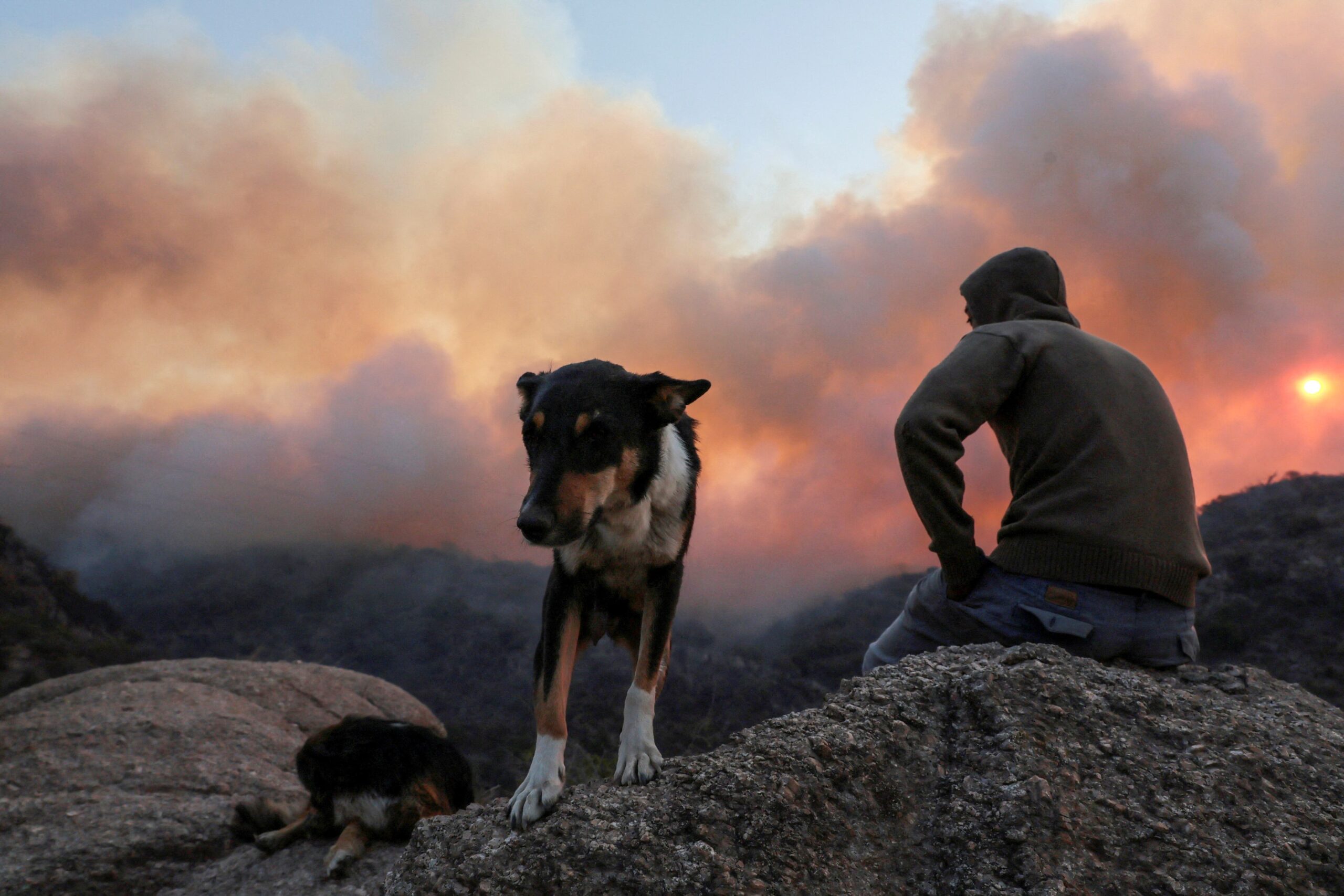 Una persona junto a su perro observa los incendios en San Marcos Sierra (Foto:  Reuters / Stringer)